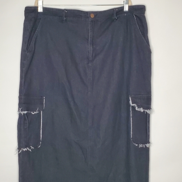 Cargo Pocket Jean Maxi Skirt 3X Black Wash Stretch Denim Midi Goth Distressed - Picture 2 of 11